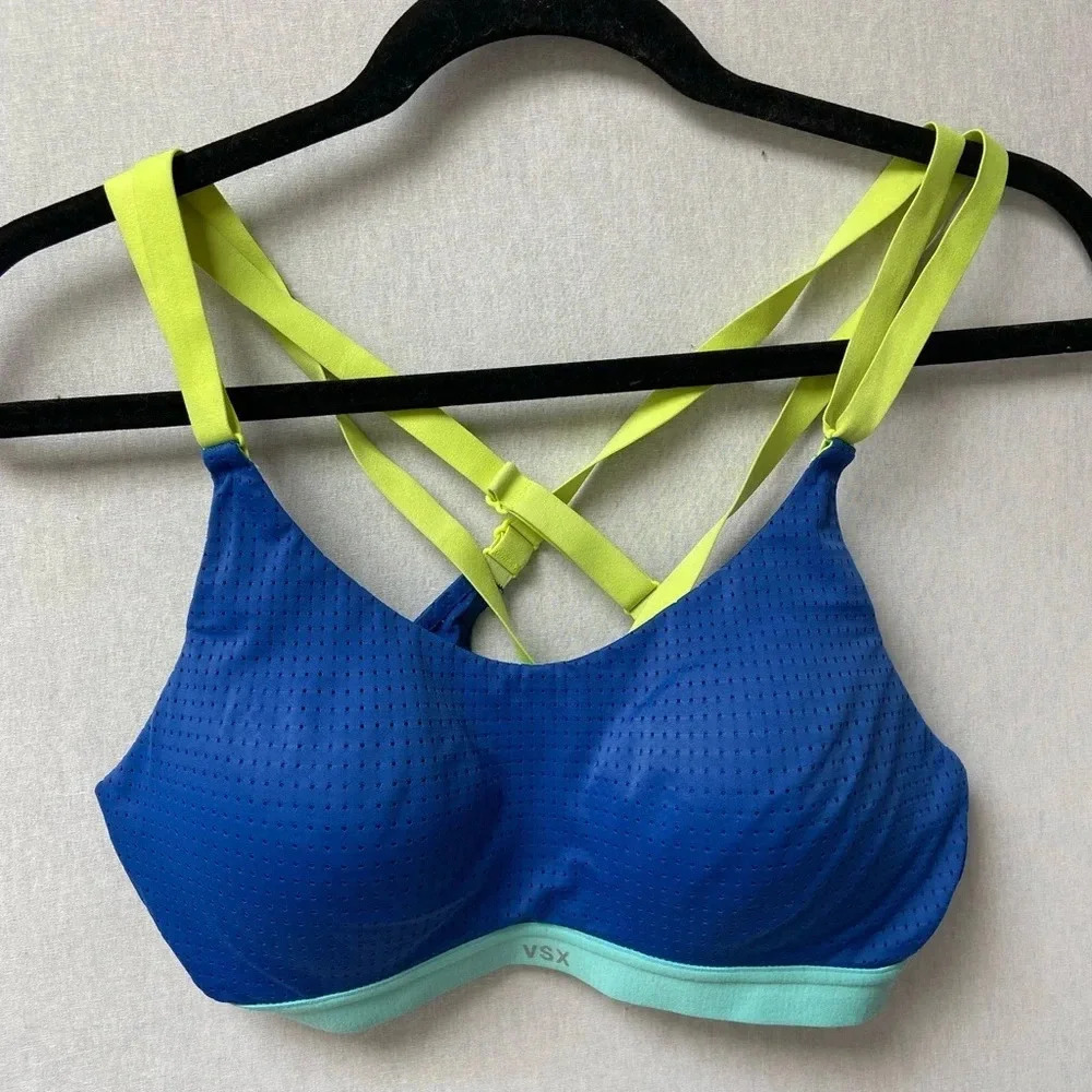 Victoria's Secret VSX Neon Crossback Strappy Sports Bra 32C Blue Yellow